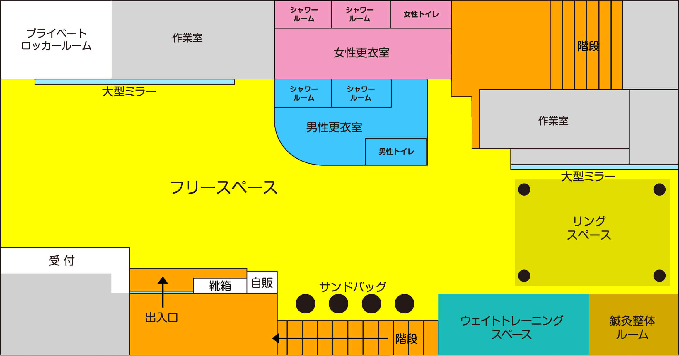 プライベートロッカールーム作業室シャワールームシャワールーム女性トイレ女性更衣室階段大型ミラーシャワールームシャワールーム男性更衣室男性トイレ作業室フリースペース大型ミラーリングスペース受付靴箱自販出入口サンドバッグ階段ウェイトトレーニングスペース鍼灸整体ルーム